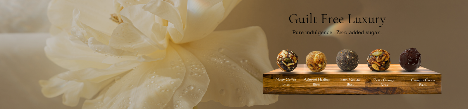 Guilt Free Luxury – premium sugar-free ladoo bites in Nutty Coffee, Achwani Healing, Berry Vanilla, Zesty Orange, and Crunchy Cocoa flavors.