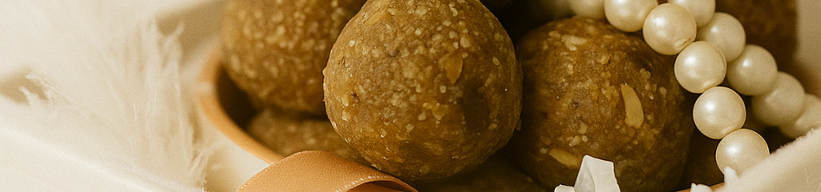 Traditional Indian Achwani Healing ladoo with pearl decoration and festive ribbon – Tvesa handmade gifting